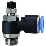 Unidirectional flow control valves with incoming air restriction, angled »Blue Series«