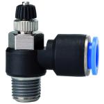 Unidirectional flow control valves with outgoing air restriction, angled »Blue Series«